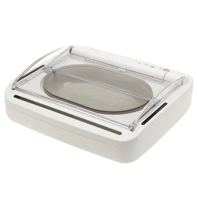 White pet food dispenser with clear lid for easy access and storage