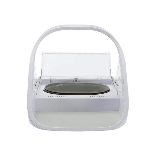 Modern white pet feeder with clear lid and bowl for cats or dogs