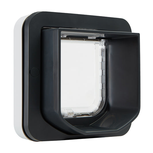 Black and white pet door with clear flap for cats and small dogs