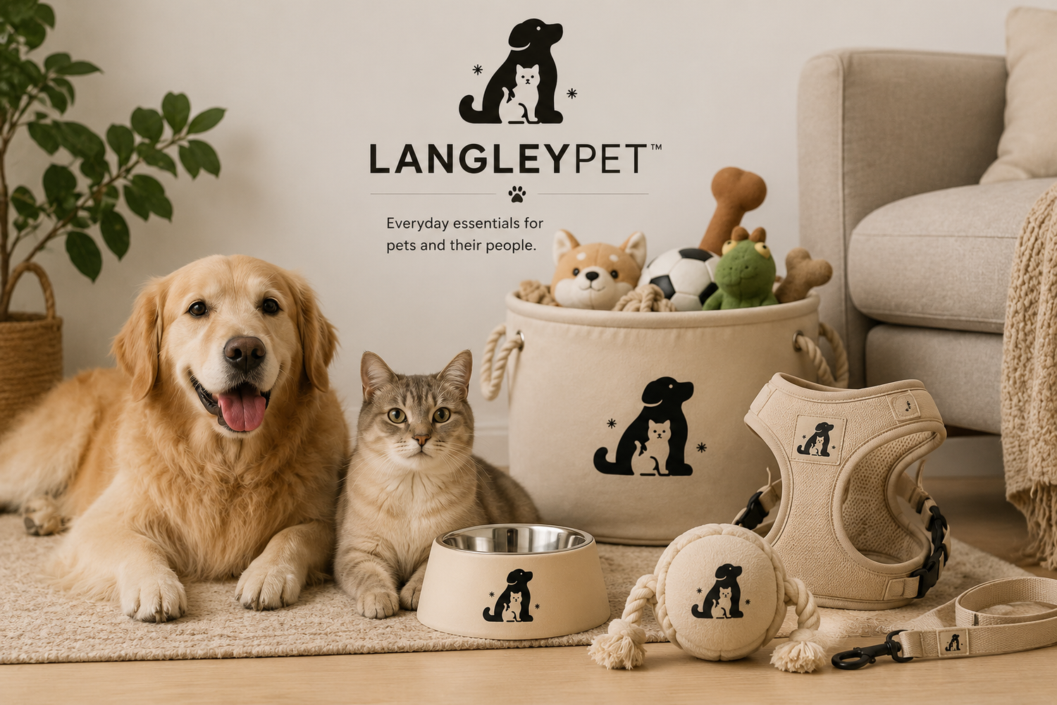 Golden retriever and tabby cat with LangleyPet™ dog bowl, harness, toy, and storage bin for everyday pet essentials