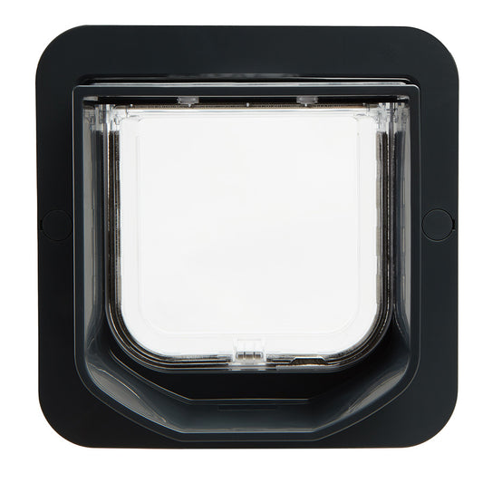 Black pet door with clear flap for cats and small dogs, ideal for home use