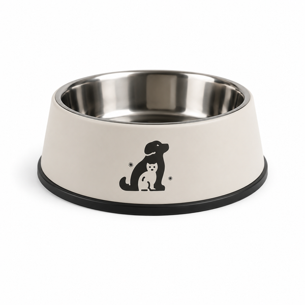 Stainless steel pet bowl with dog and cat silhouette, non-slip base for dogs and cats