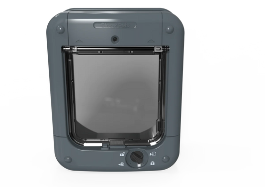 Grey pet door with 4-way lock, ideal for cats and small dogs, featuring clear flap and secure settings
